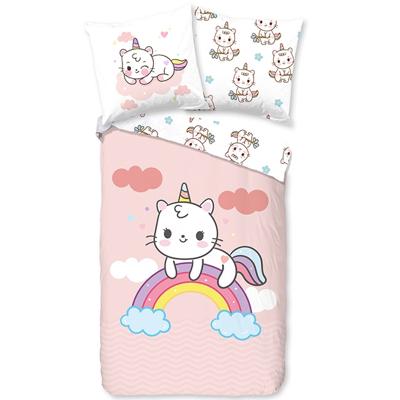 Good Morning Kinderdekbedovertrek "eenhoorn kat met regenboog" - Roze - (140x200/220 cm) - Katoen