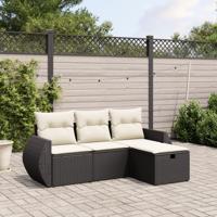 4-delige Loungeset met kussens poly rattan zwart - thumbnail