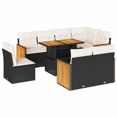 9-delige Loungeset met kussens poly rattan zwart
