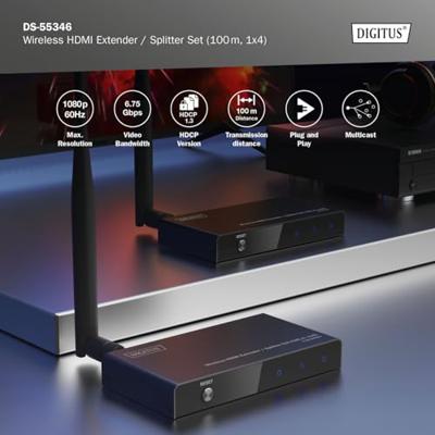 Digitus DS-55346 HDMI-extender 100 m 5 GHz 1920 x 1080 Pixel Geïntegreerde LED-weergave, Met loop-functie, Veilige draadloze overdracht Digitus DS-55346 HDMI-extender 100 m 5 GHz 1920 x 1080 Pixel Geïntegreerde LED-weergave, Met loop-functie, Veilige draadloze overdracht