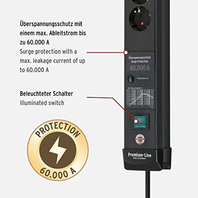 Premium-Line 60.000A stekkerdoos met overspanningsbeveiliging 6-voudig zwart 3m H05VV-F 3G1,5 - thumbnail