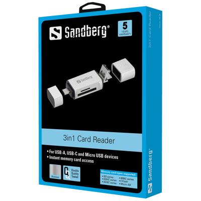 Sandberg Card Reader USB-C+USB+MicroUSB geheugenkaartlezer Zilver
