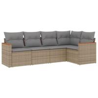 5-delige Loungeset met kussens poly rattan gemengd beige - thumbnail