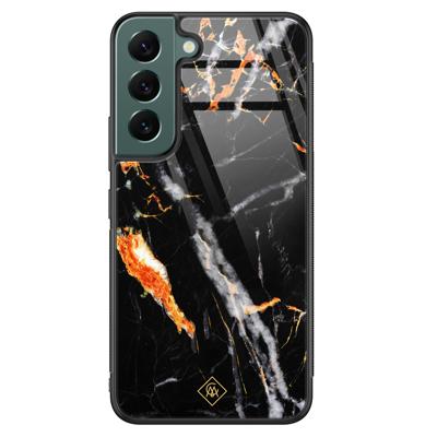 Samsung Galaxy S22 Plus glazen hardcase - Marmer zwart oranje