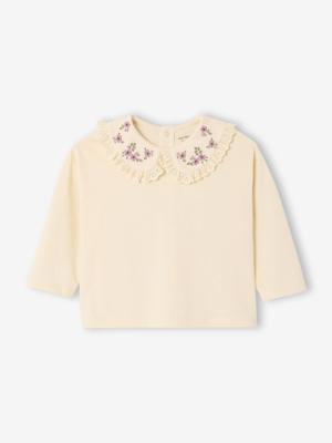 T-shirt baby met lange mouwen en geborduurde kraag ecru