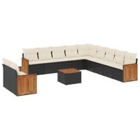 12-delige Loungeset met kussens poly rattan zwart - thumbnail