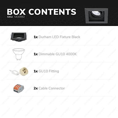 Durham vierkante LED inbouwspot - 4 Watt 345 Lumen - 4000K neutraal wit - GU10 - Dimbaar Kantelbaar - Voor binnen - Zwart Durham vierkante LED inbouwspot - 4 Watt 345 Lumen - 4000K neutraal wit - GU10 - Dimbaar Kantelbaar - Voor binnen - Zwart