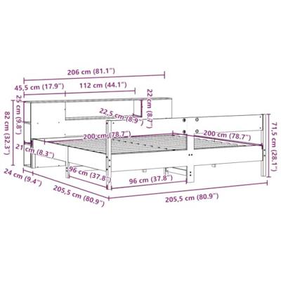 Bed met boekenkast zonder matras grenenhout wit 200x200 cm