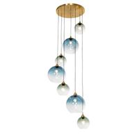 QAZQA Art Deco Hanglamp messing met blauw glas rond 7-lichts - Sandra - thumbnail