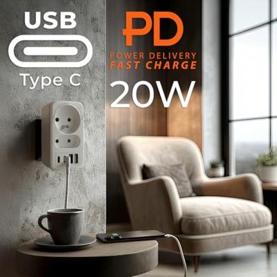 Maclean-stroomaansluiting x2 + 4xUSB, splitter met 2 aansluitingen, 2xUSB A, 2xUSB C PD 20W, 1x16A + 1x6A, MCE249 F/W