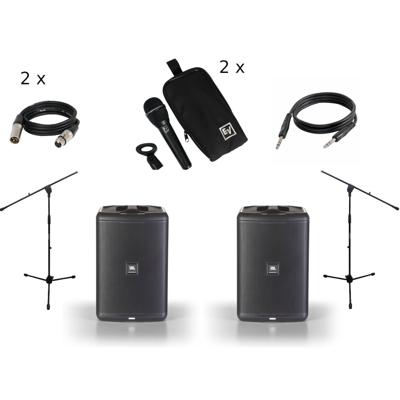 JBL EON ONE Compact (2 x), Electro-Voice microfoons (2 x), statieven en kabels