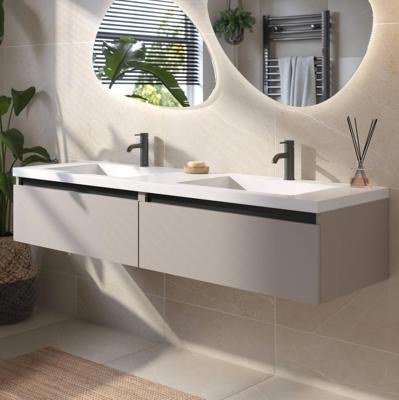 Saqu Gaia badmeubel incl. dubbele glans witte wastafel 160x52x34cm mat greige - zwarte greeplijst