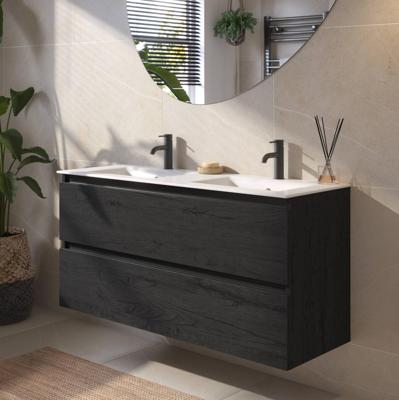 Saqu Gaia badmeubel incl. dubbele glans witte keramische wastafel 120x46x61cm eiken zwart - zwarte greeplijst