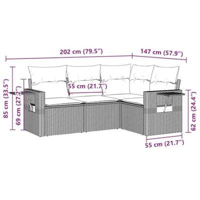 4-delige Loungeset met kussens poly rattan lichtgrijs