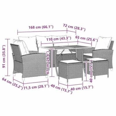 6-delige Loungeset met kussens poly rattan grijs
