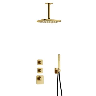 Hotbath Gal - Inbouw Regendoucheset - Geborsteld Messing PVD - 2 Stopkranen - Thermostatisch - Plafondbuis 15 cm - Hoofddouche 220 mm - Staafhanddouche - V01