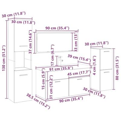 5-delige Badkamermeubelset bewerkt hout artisanaal eikenkleur