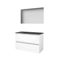 Basic-Line Basic 46 Badkamermeubelset - 100 x 46 cm - Greeploos - 2 Lades - Hardstenen Wastafel - 1 Kraangat - Spiegel - Ice White - thumbnail
