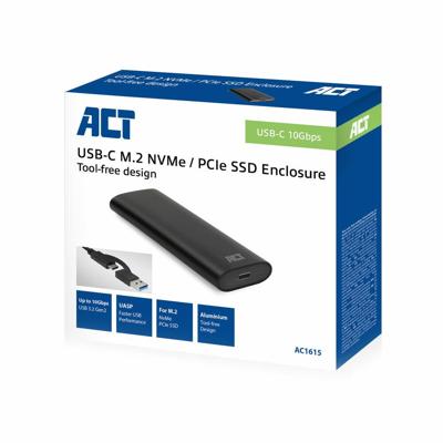 ACT AC1615 USB-C M.2 NVMe / PCIe SSD Behuizing | 10Gbps | NVMe | PCIe | Schroefloos | Aluminium | UASP