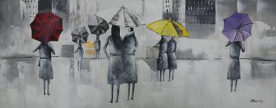 Schilderij - Handgeschilderd - Wandeling in de regen 150x60cm