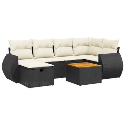7-delige Loungeset met kussens poly rattan zwart - thumbnail