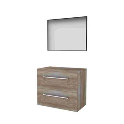 Basic-Line Framed 46 Badkamermeubelset - 80 x 46 cm - Met Grepen - 2 Lades - Wastafelblad - Spiegel met Zwart Aluminium Frame - Scotch Oak