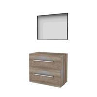 Basic-Line Framed 46 Badkamermeubelset - 80 x 46 cm - Met Grepen - 2 Lades - Wastafelblad - Spiegel met Zwart Aluminium Frame - Scotch Oak - thumbnail