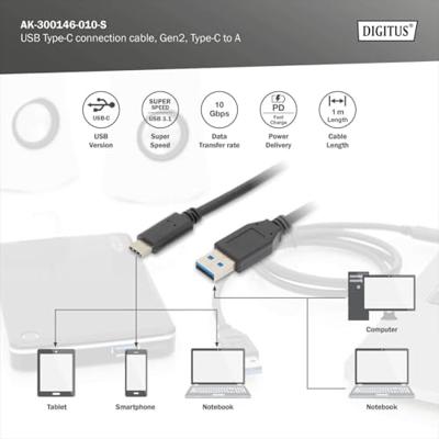 Digitus AK-300146-010-S USB-kabel USB 3.2 Gen1 USB-C stekker, USB-A stekker 1.00 m Zwart Afgeschermd (dubbel)