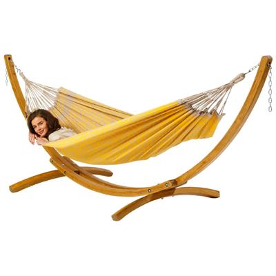 Eenpersoons hangmat met houten standaard - 300x140cm - Geel - 120kg draagkracht- 100% katoen - binnen & buiten