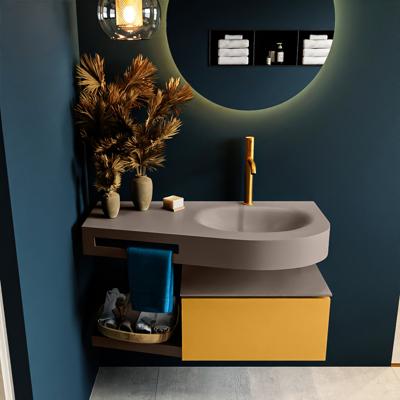 MONDIAZ RIVA 100cm badmeubel onderkast / planchet kleur Ocher met 1 lade. Wastafel DULCET rechts 1 kraangat kleur Smoke.
