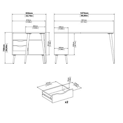 Bureau Delta - wit/eikenkleur - 75,8x145,1x81 cm