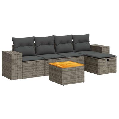 6-delige Loungeset met kussens poly rattan grijs