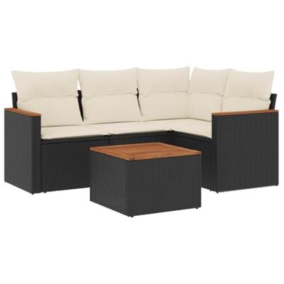 5-delige Loungeset met kussens poly rattan zwart