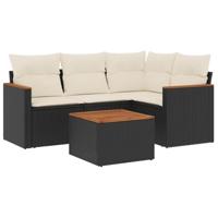 5-delige Loungeset met kussens poly rattan zwart - thumbnail