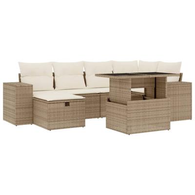 7-delige Loungeset met kussens poly rattan beige