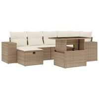 7-delige Loungeset met kussens poly rattan beige - thumbnail