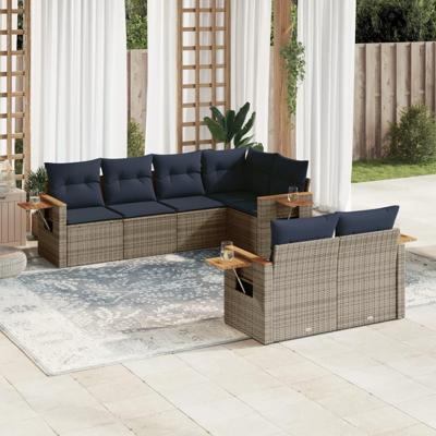 7-delige Loungeset met kussens poly rattan grijs