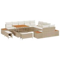 13-delige tuinsofa set met kussens in beige poly rattan en acacia - thumbnail