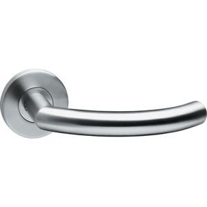 Deurkruk half rond/hoek 90°op rond rozet met sleutelgat plaatjes RVS