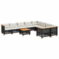 10-delige Loungeset met kussens poly rattan zwart - thumbnail