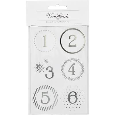 Vivi Gade Kerstkalender cijfer stickers, d 40 mm, vel 9x14 cm, zilver, wit, 4 vel/ 1 doos