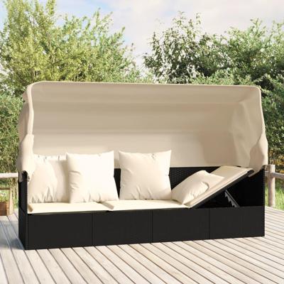 Loungebed met luifel en kussens poly rattan zwart Loungebed met luifel en kussens poly rattan zwart