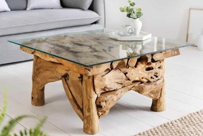 Maritieme salontafel RIVERSIDE 80cm Natuurlijk Teak Massief Glazen Blad Handgemaakt - 43199-1