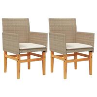 Tuinstoelen 2 st met kussens poly rattan en massief hout beige - thumbnail