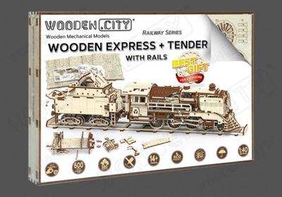 Wooden city 3D puzzel locomotief en kolenwagen Wooden city 3D puzzel locomotief en kolenwagen