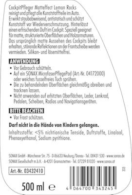 SONAX kunststof onderhoudsmiddel "cockpitpfleger matteffect" cockpit care 500 ml lemon rocks