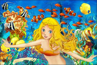 Fotobehang - Zeemeermin en vissen, multi-gekleurd, Vinyl, Kinderkamer, te koop in 11 maten, incl instructies en behanglijm, gemakkelijk aan te brengen