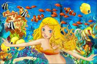 Fotobehang - Zeemeermin en vissen, multi-gekleurd, Vinyl, Kinderkamer, te koop in 11 maten, incl instructies en behanglijm, gemakkelijk aan te brengen - thumbnail