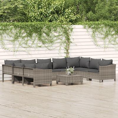 10-delige Loungeset met kussens poly rattan grijs