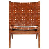 Klapstoel gekruiste strepen echt leer bruin - thumbnail